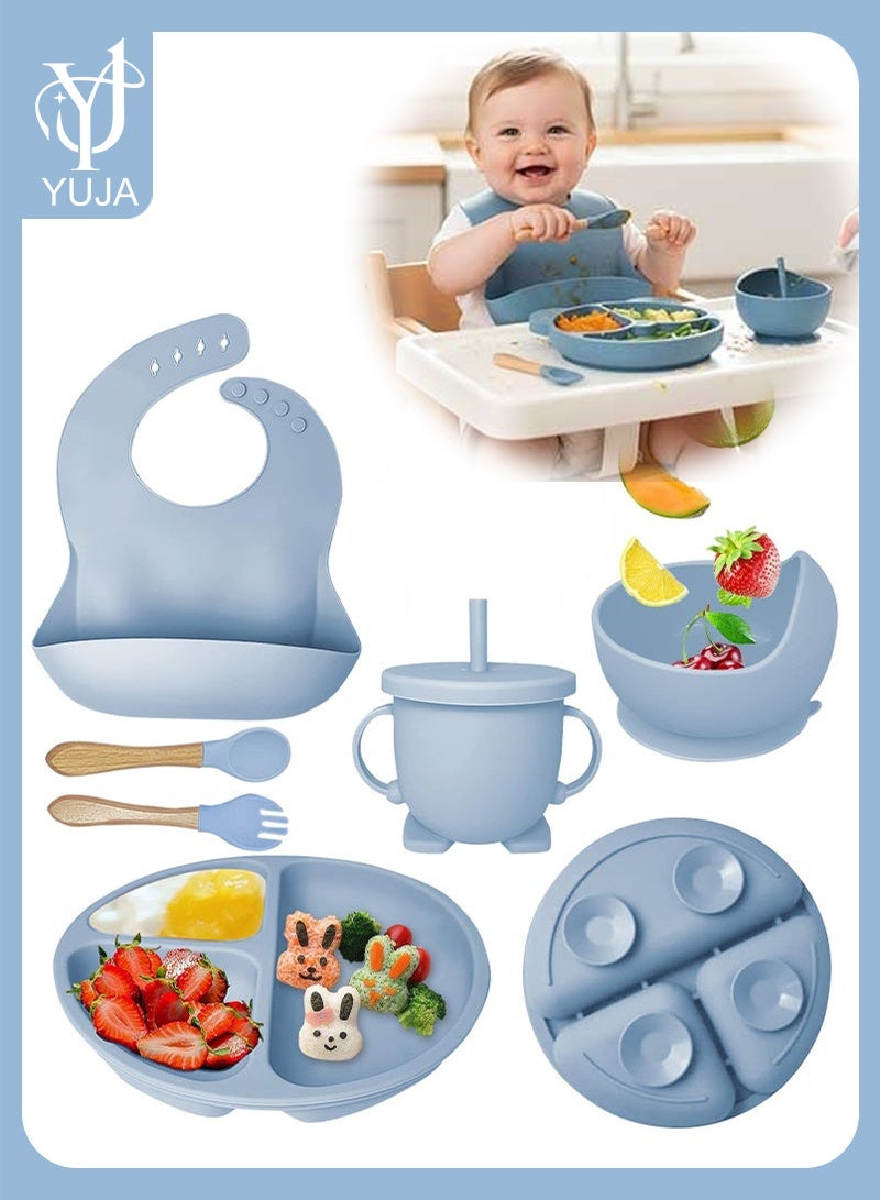 YUJA Silicone Baby Feeding Set, 6Pcs Baby Led Weaning Utensils Set Includes Suction Bowl and Plate, Baby Spoon and Fork, Sippy Cup with Straw and Lid, Baby Feeding Supplies - Image 1